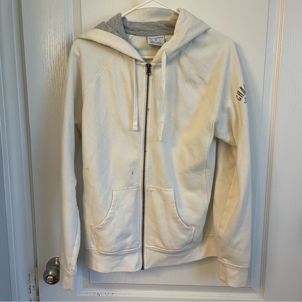 Cream Zip-Up Hoodie with Subtle Sleeve Logo